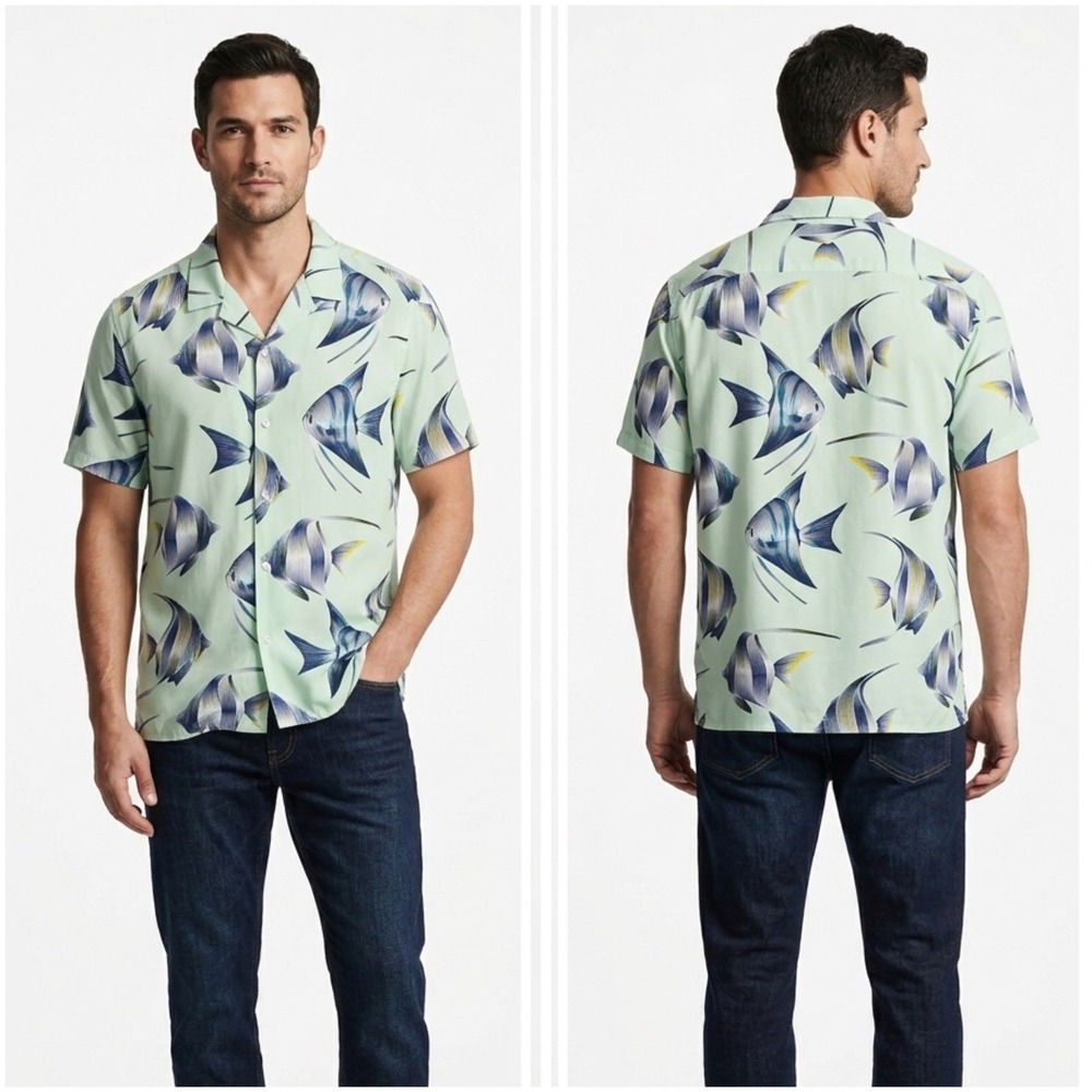 Banana Republic Mens XL‎ Slim Fit Green Fish Print Hawaiian Short Sleeve Shirt